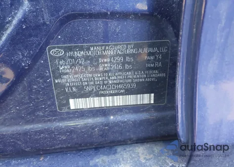 2012 Hyundai Sonata Se z USA, uszkodzony, nr VIN 5NPEC4AC1CH465939